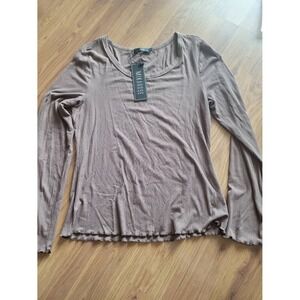 Mika Rose Mocha Brown Ribbed Long Sleeve Scoop Neck Lettuce Edge Top Size M NEW
